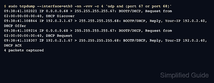 tcpdump output showing a DHCP discover, offer, request, and acknowledgement