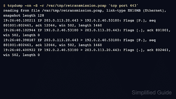 tcpdump output showing a repeated TCP sequence range