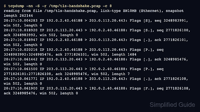 tcpdump output showing TCP setup and TLS handshake packets